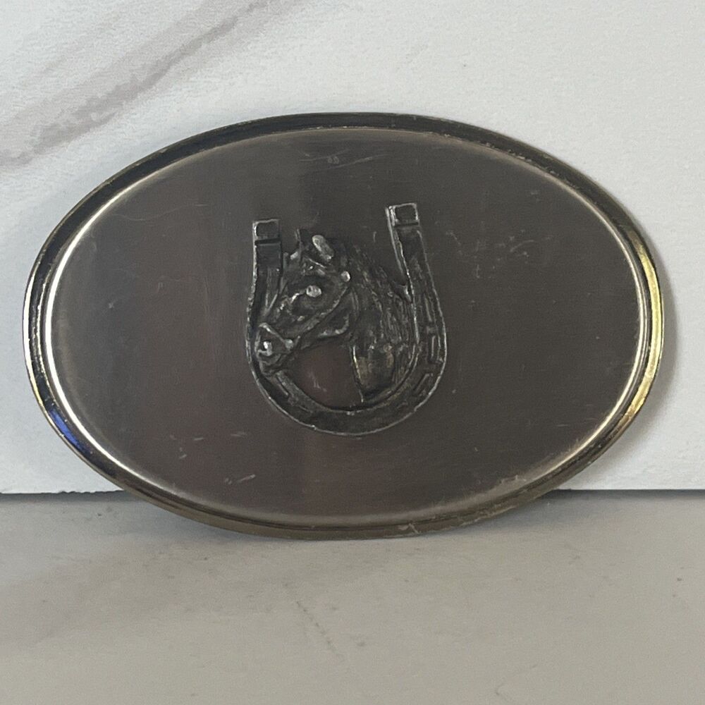 Vintage Oval Belt Buckle Raised Horse Head Medallion 2 Tone Silver w/Gold Edge